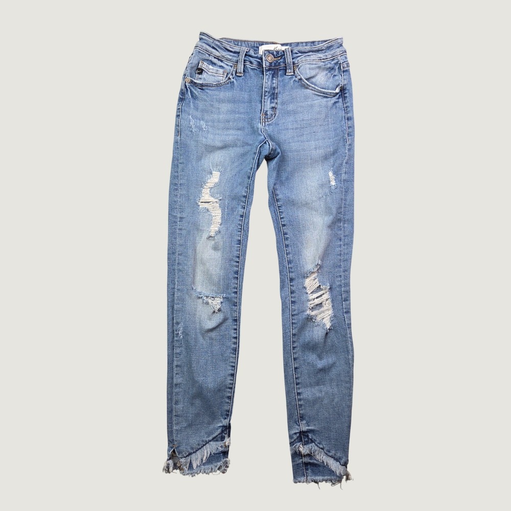 KanCan Nala Jeans Women 1/24 Blue Mid-Rise Ankle Skinny Distressed Raw Hem Denim
